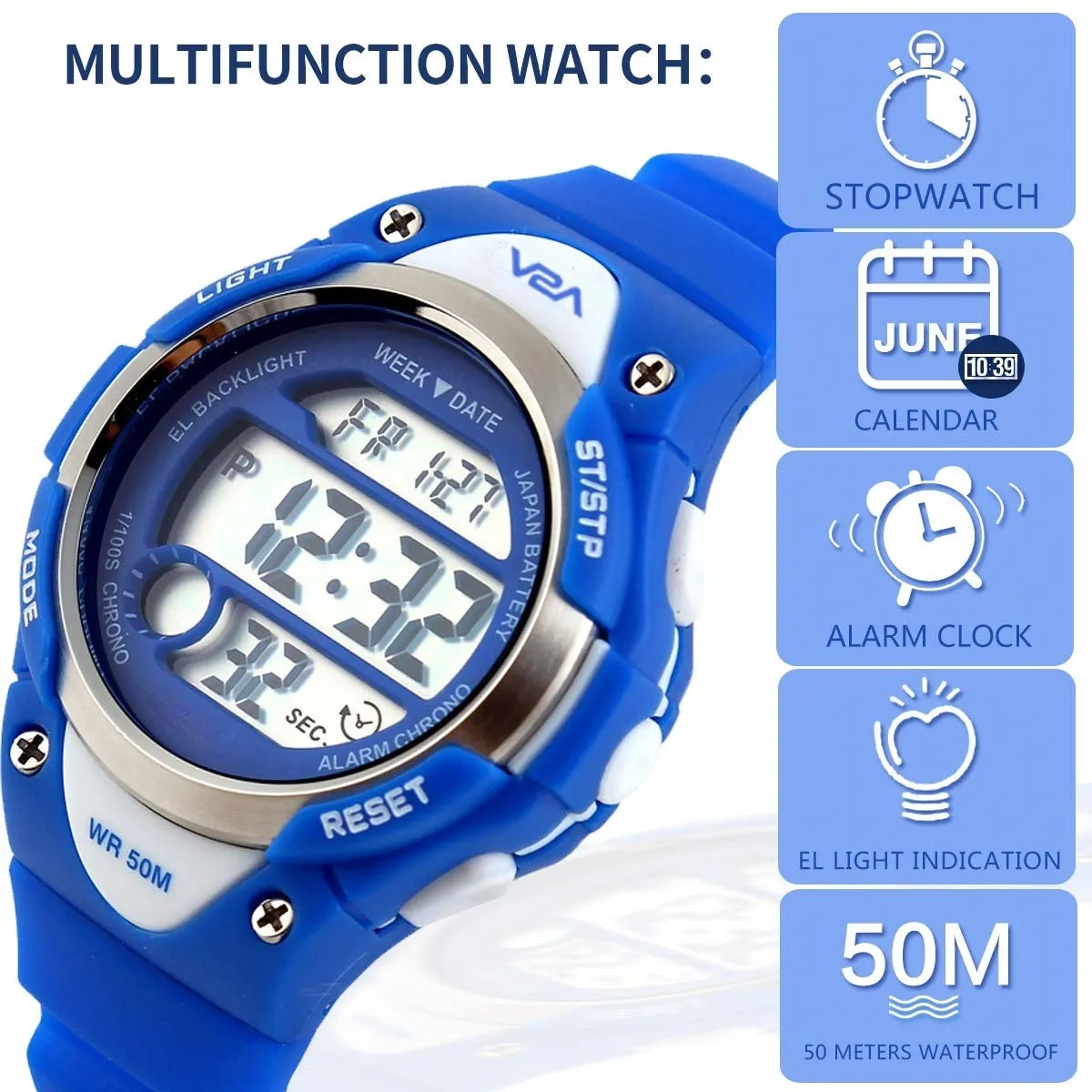 V2A Kids Black LED Backlight Stainless Steel Case Waterproof Digital Sports Casual Watch For Boys And Girls