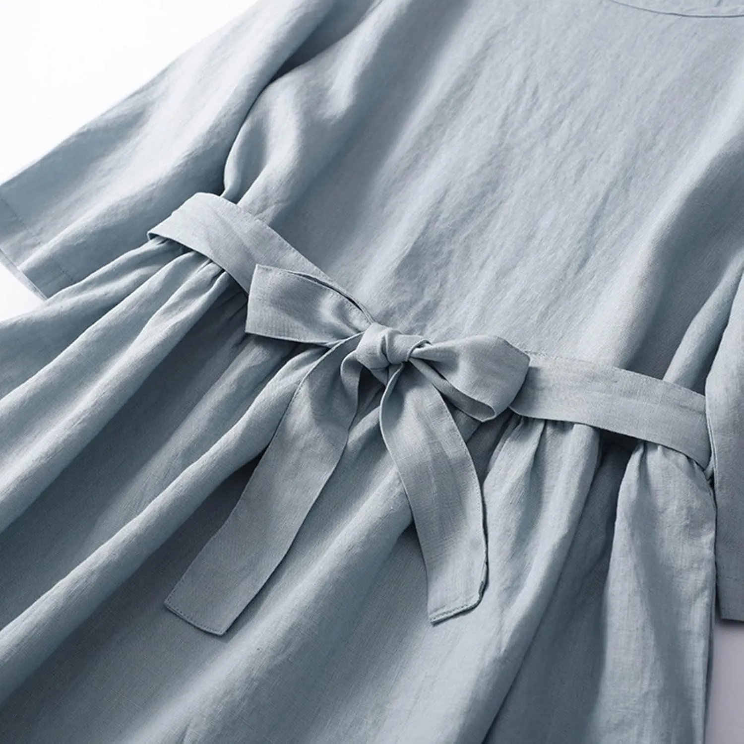 Women Bohemian Cotton Linen Dresses 3/4 Sleeve Maxi Long Dress Plain Classic Dresses Trendy Boho Dresses with Belt