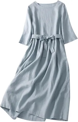 Women Bohemian Cotton Linen Dresses 3/4 Sleeve Maxi Long Dress Plain Classic Dresses Trendy Boho Dresses with Belt