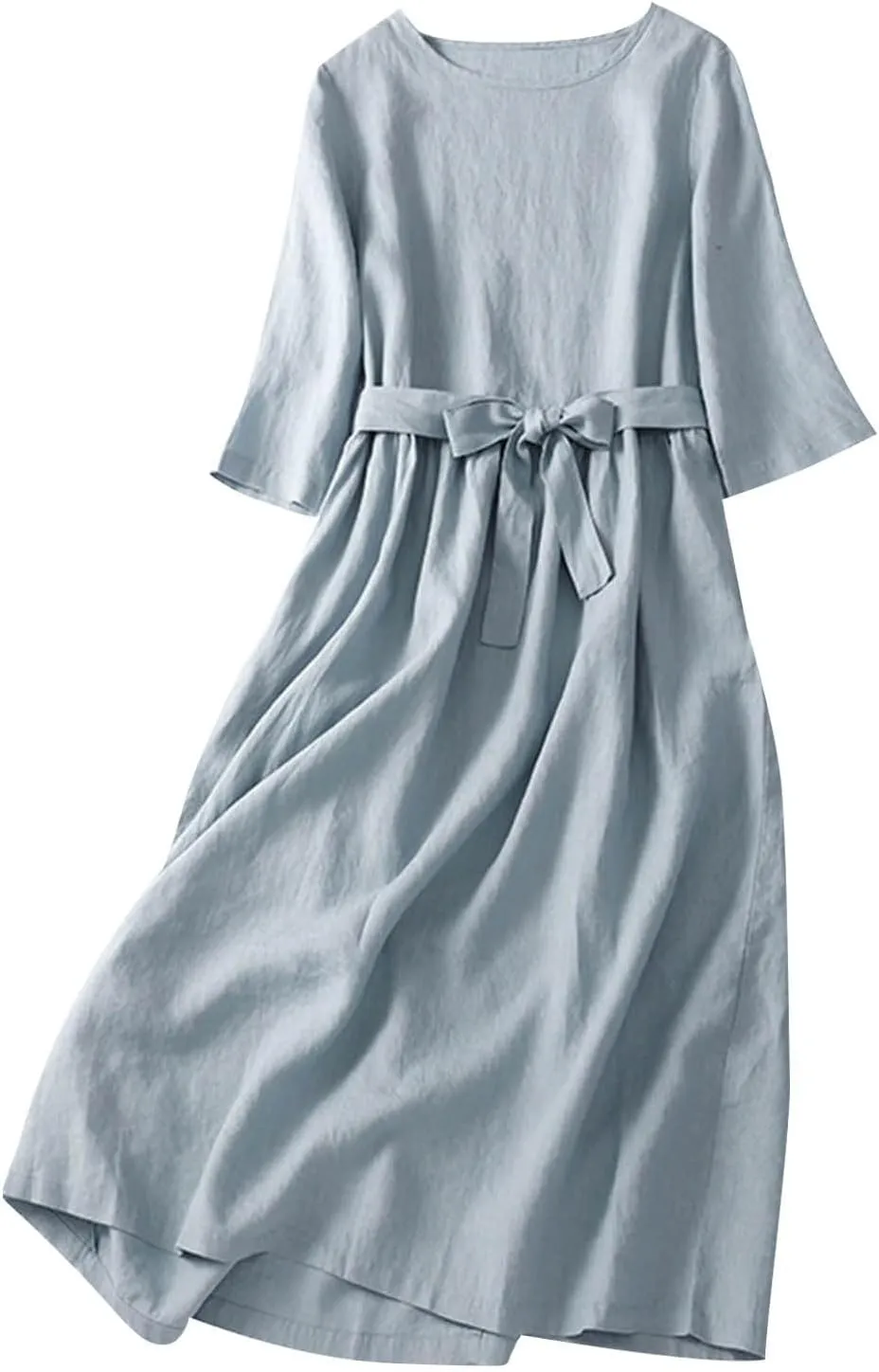 Women Bohemian Cotton Linen Dresses 3/4 Sleeve Maxi Long Dress Plain Classic Dresses Trendy Boho Dresses with Belt