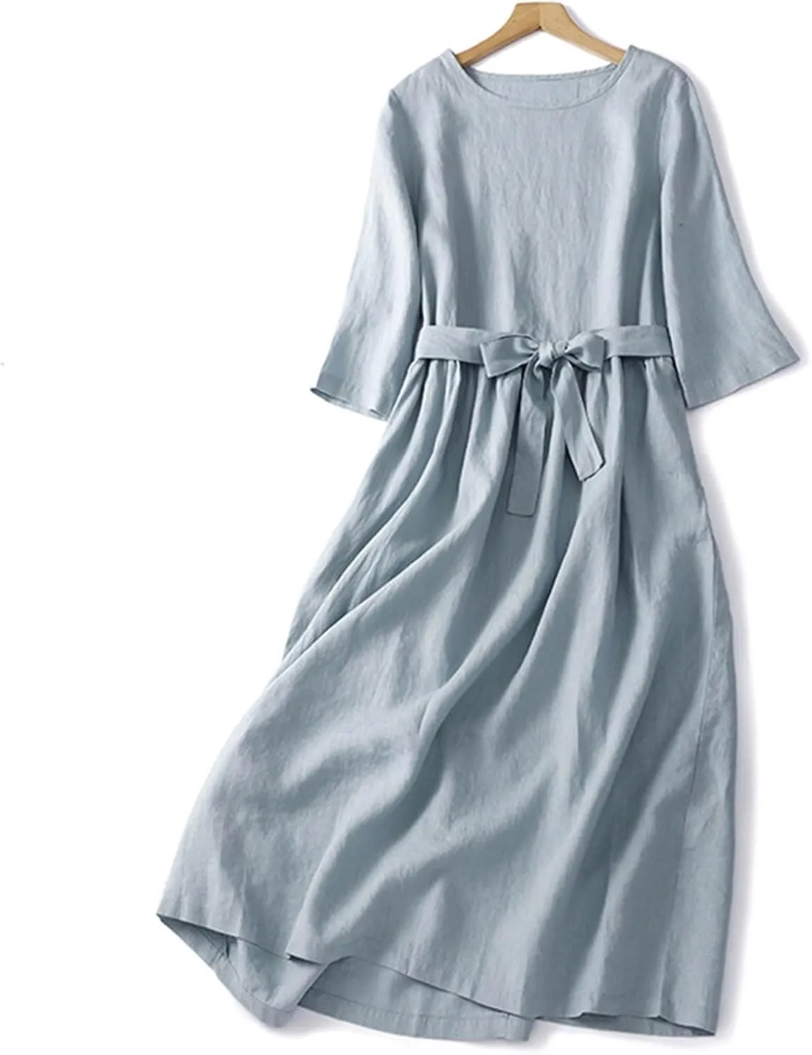 Women Bohemian Cotton Linen Dresses 3/4 Sleeve Maxi Long Dress Plain Classic Dresses Trendy Boho Dresses with Belt