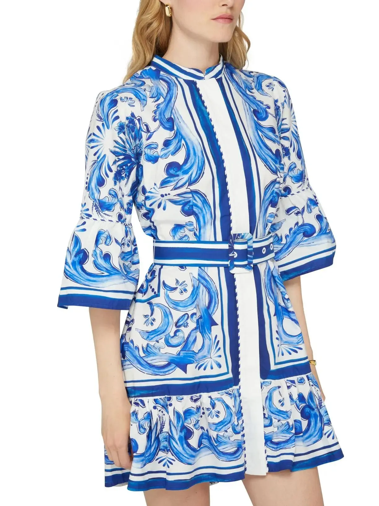 Women’s Belted Blue and White Tile Printed Flared Mini Dress