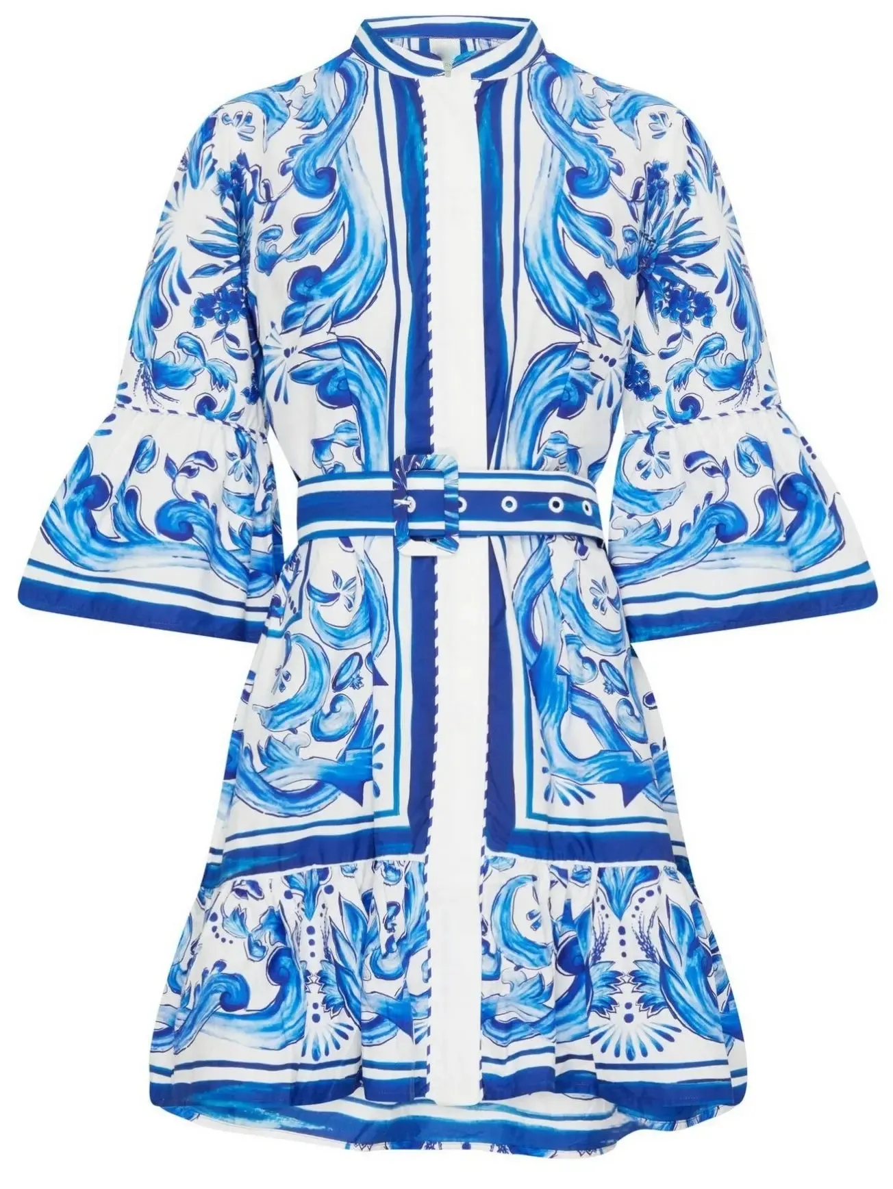 Women’s Belted Blue and White Tile Printed Flared Mini Dress