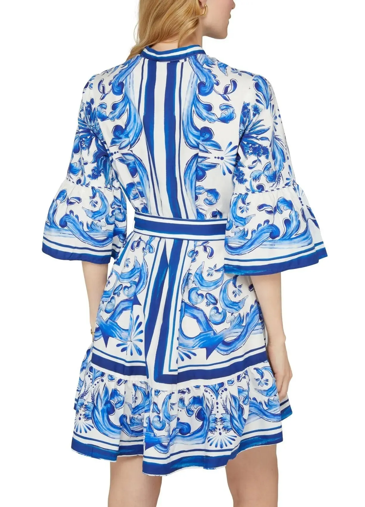 Women’s Belted Blue and White Tile Printed Flared Mini Dress
