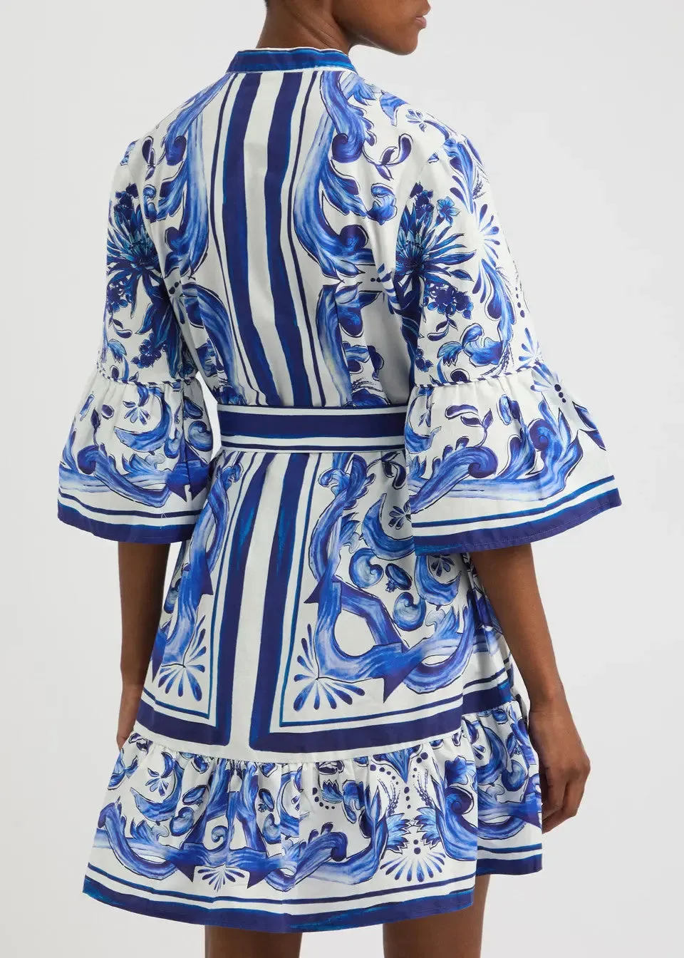 Women’s Belted Blue and White Tile Printed Flared Mini Dress