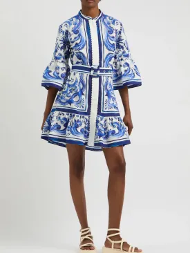 Women’s Belted Blue and White Tile Printed Flared Mini Dress