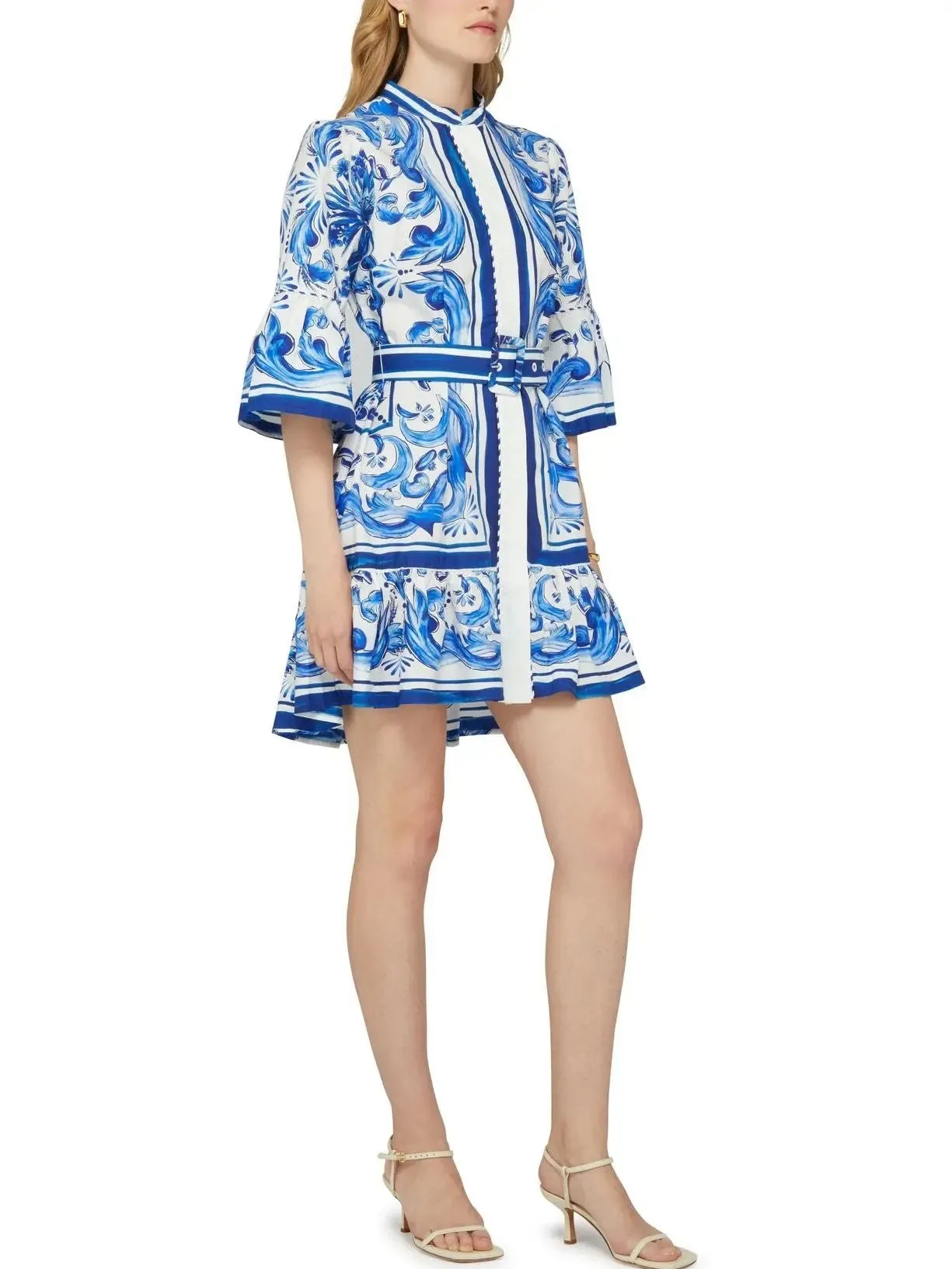 Women’s Belted Blue and White Tile Printed Flared Mini Dress