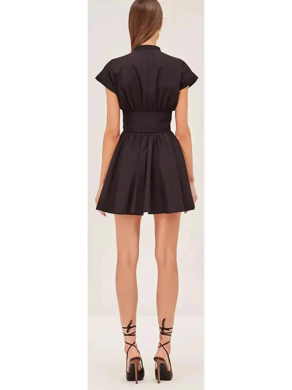 Women’s Black Concealed Button-Down V-Neck Double-Belted Mini Dress