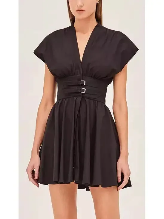 Women’s Black Concealed Button-Down V-Neck Double-Belted Mini Dress