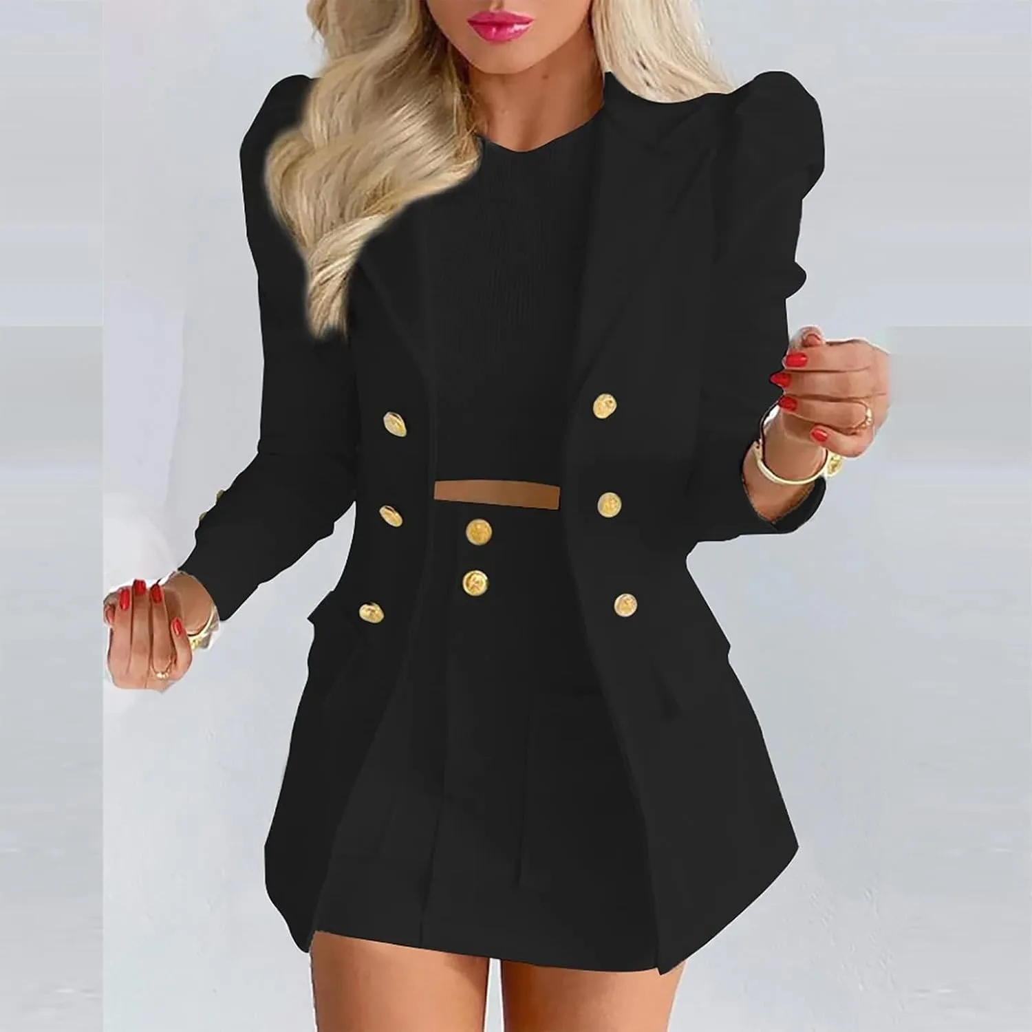 Women's Casual Business Suits Formal Blazer Jackets Puff Sleeve Coat with Mini Skirts Two Piece Outfits
