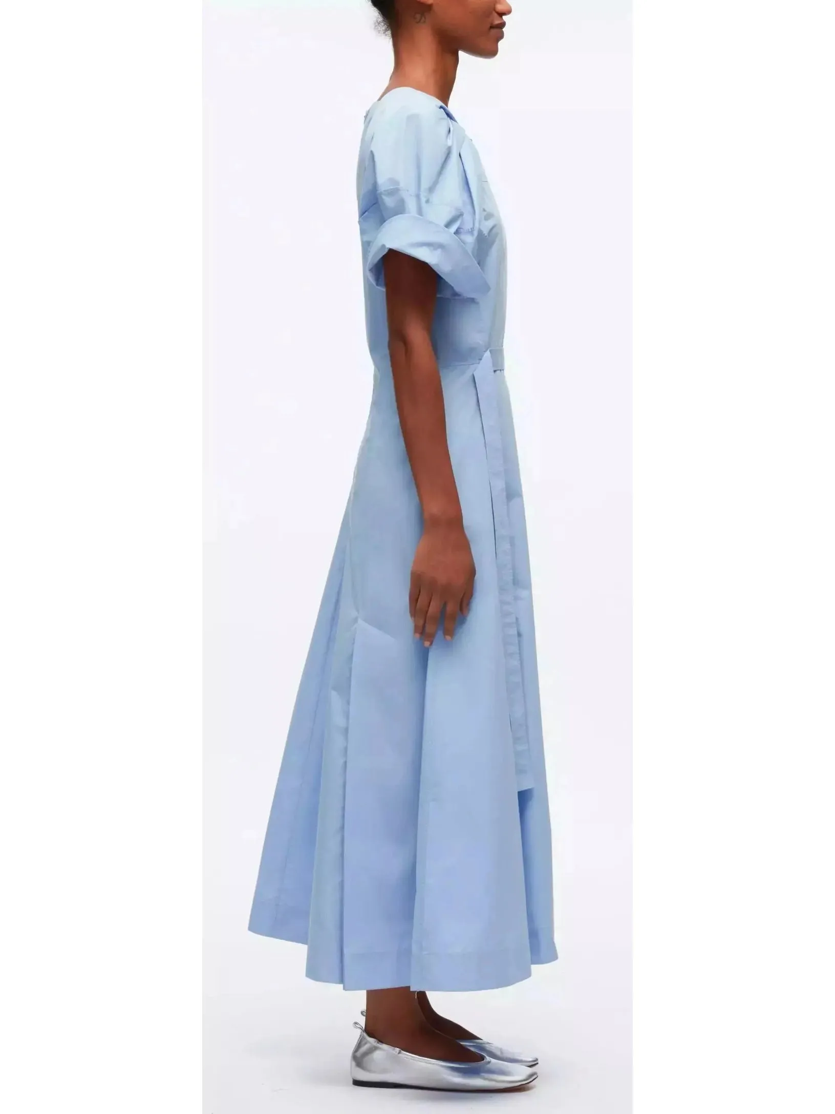 Women’s Collapsed Bloom Short Sleeve Belted Dress in Blue