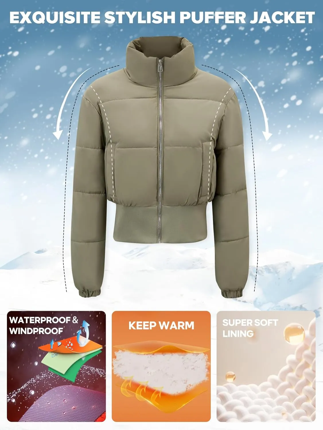 Womens Cropped Puffer Jackets Long Sleeve Short Puffy Quilted Jackets Winter Coat With Pockets