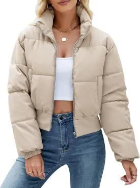 Womens Cropped Puffer Jackets Long Sleeve Short Puffy Quilted Jackets Winter Coat With Pockets