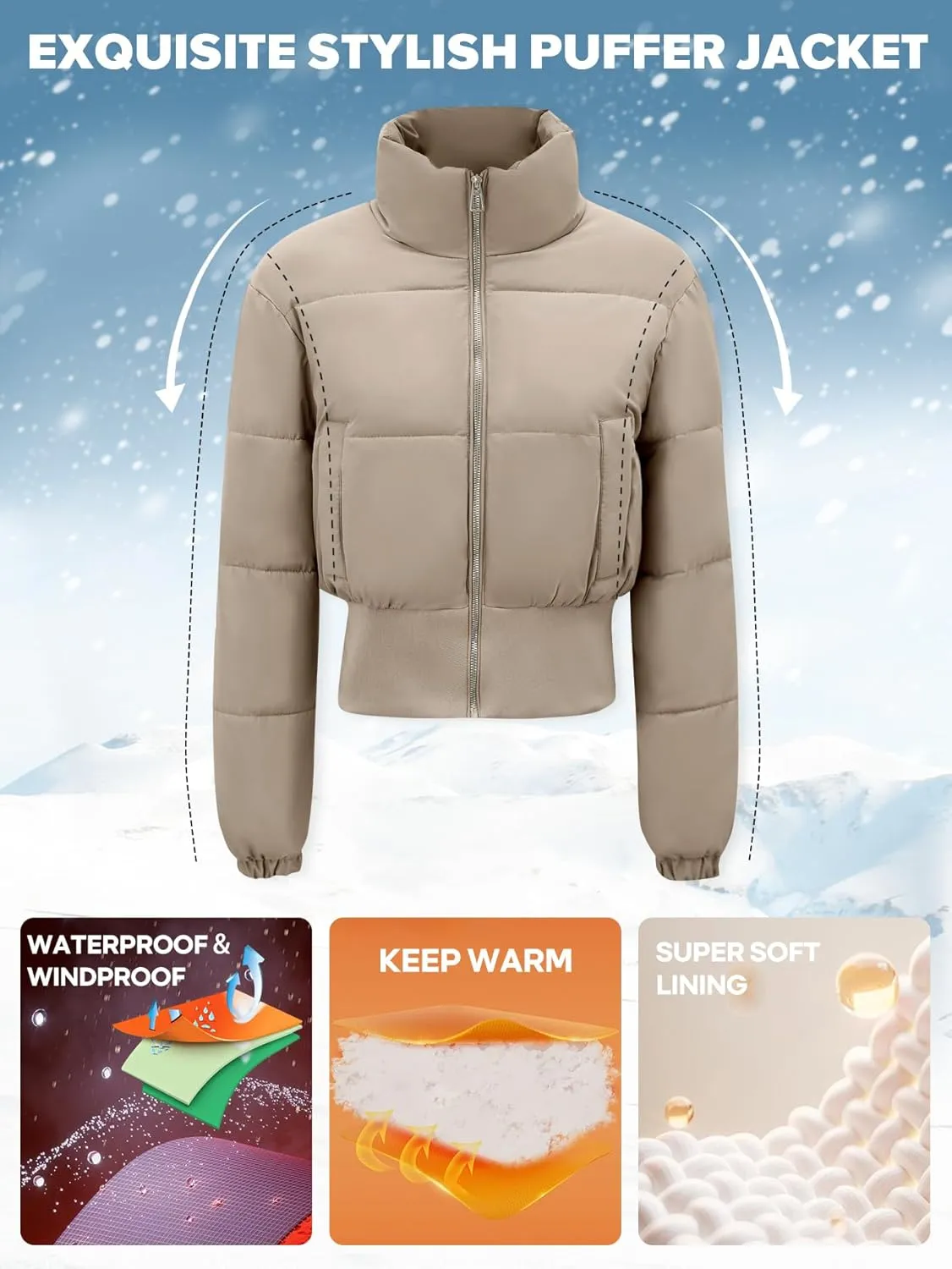 Womens Cropped Puffer Jackets Long Sleeve Short Puffy Quilted Jackets Winter Coat With Pockets
