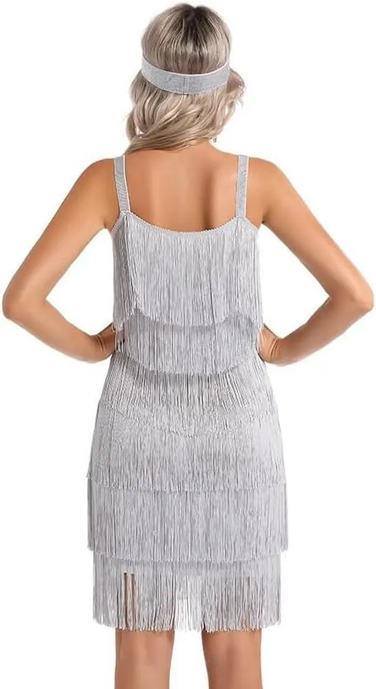 Women's Great Gatsby Flapper Spaghetti Tassel Dress with Headband, 20s Elegant Mini Dress Party Accessory COSTUME OUTFIT (S, Grey)