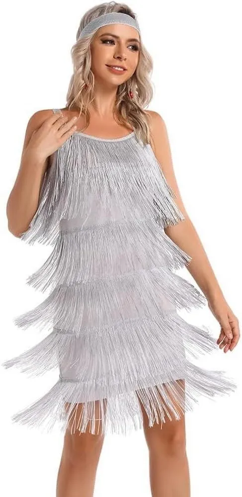 Women's Great Gatsby Flapper Spaghetti Tassel Dress with Headband, 20s Elegant Mini Dress Party Accessory COSTUME OUTFIT (S, Grey)