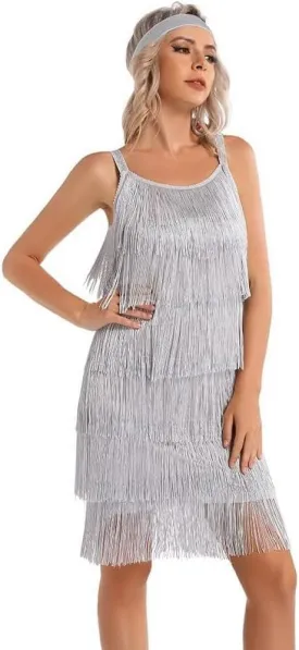 Women's Great Gatsby Flapper Spaghetti Tassel Dress with Headband, 20s Elegant Mini Dress Party Accessory COSTUME OUTFIT (S, Grey)
