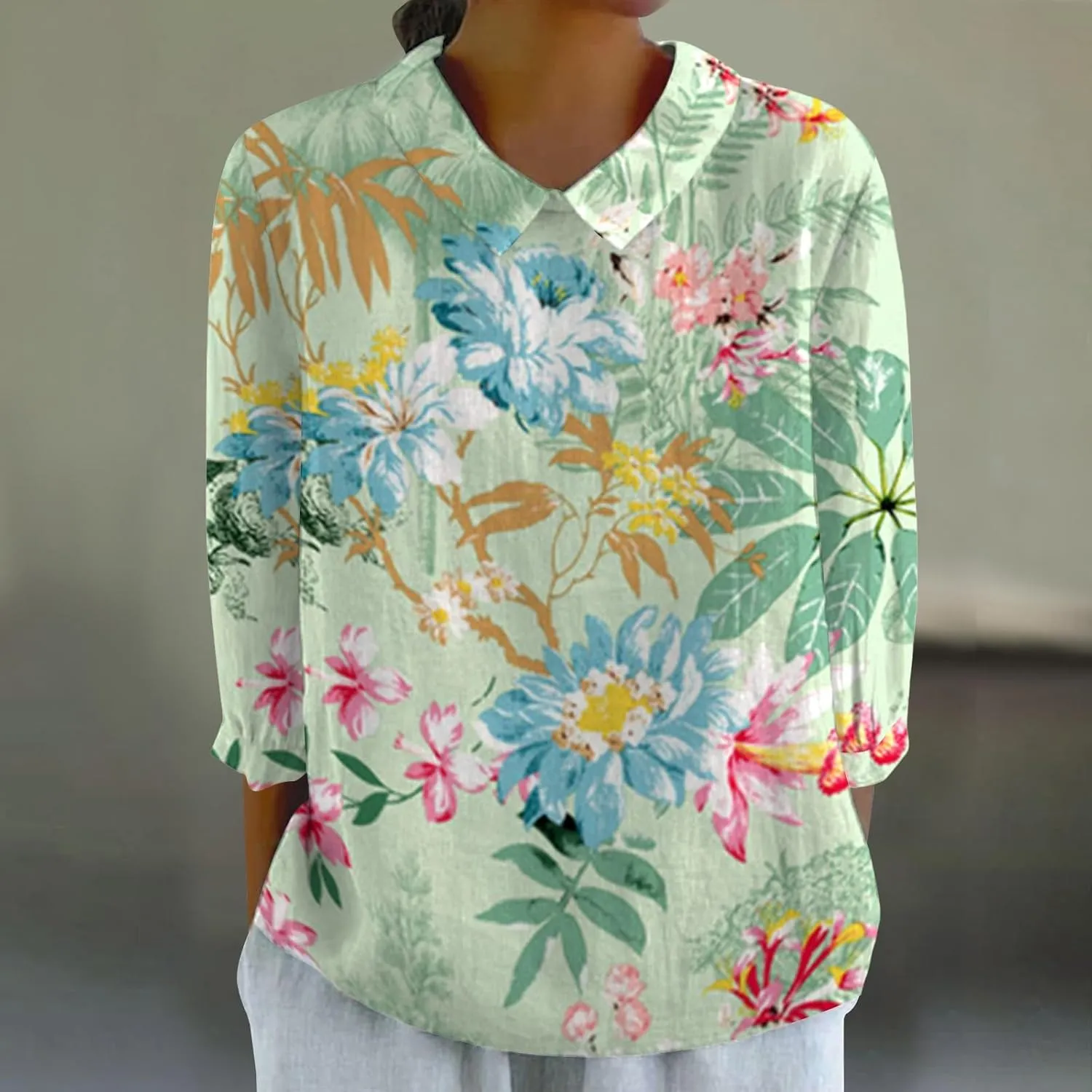 Womens Linen Shirts Lapel Retro Striped Back Loose Top Casual Cotton and Linen Shirt 3/4 Sleeve Shirt Office Drop