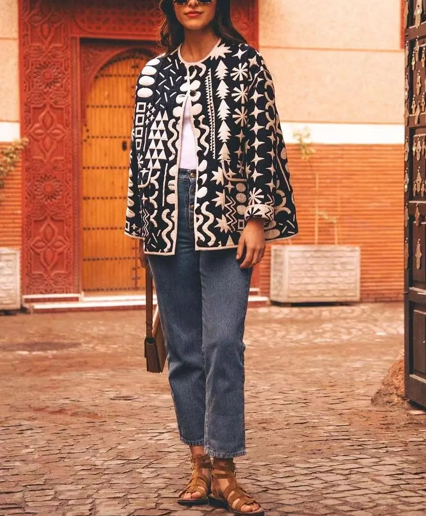 Women's Quilted Jacket Lightweight Floral Print Padded Puffer Jacket Coat Winter Vintage Button Down Cardigan Outwear