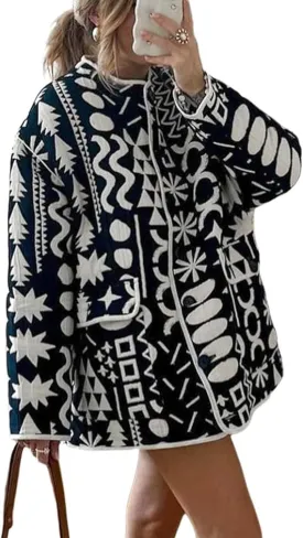 Women's Quilted Jacket Lightweight Floral Print Padded Puffer Jacket Coat Winter Vintage Button Down Cardigan Outwear
