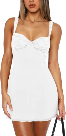 Women's Summer Mini Dresses Sleeveless Sexy Square Neck Lace Splicing Cocktail Party Straps Bodycon Dress