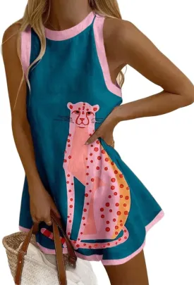 Womens Tank Dress Summer Casual Short Dresses Crew Neck Sleeveless Novelty Floral Printed Loose Aline Sundress