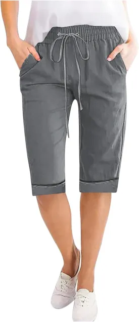 Xiaojmake Linen Short for Women 2025 Loose Fit Beach Half Pants Cuffed Hem Bermuda Shorts Elastic Waist Workout Summer Short