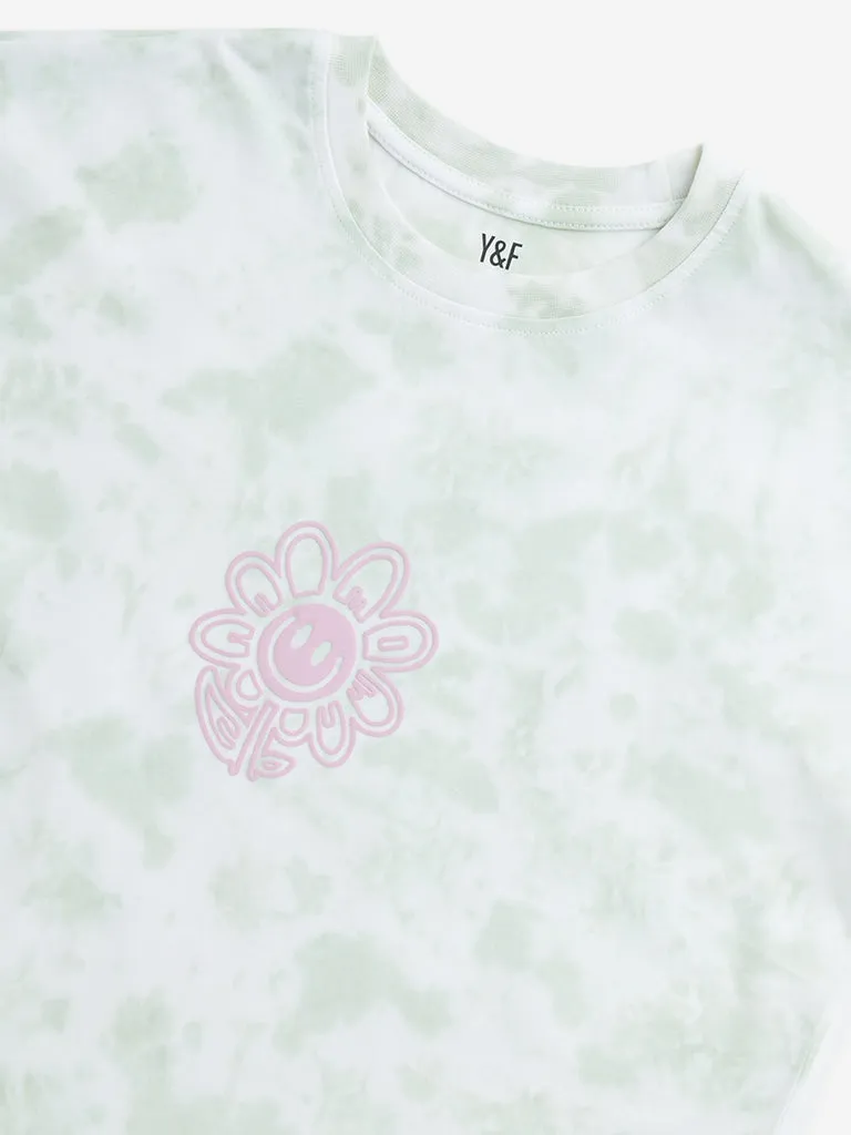 Y&F Kids Green Tie-Dye Printed Cotton T-Shirt
