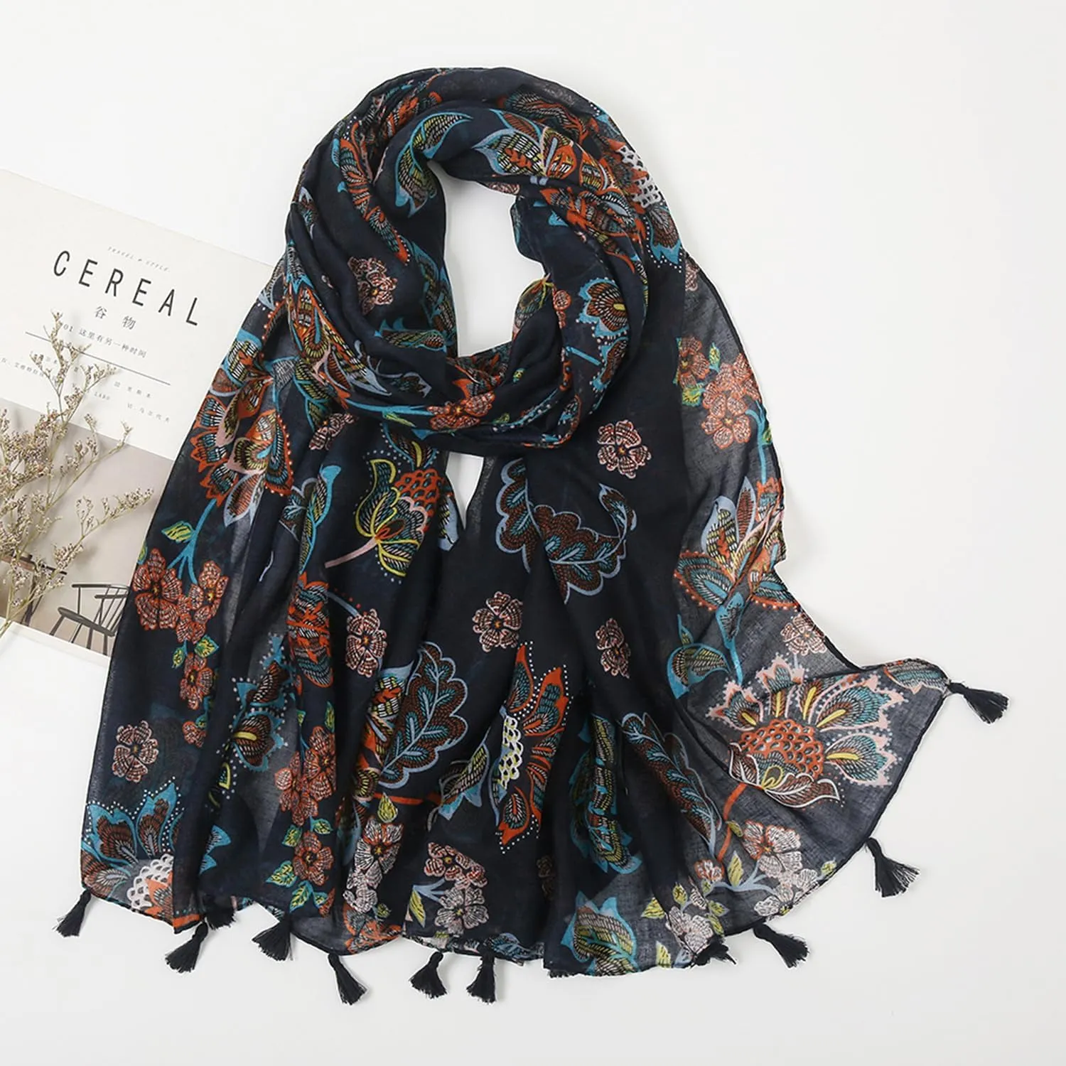 YOUR SMILE Large Boho Scarf for Women Lightweight Floral Printed Scarves Fall Winter Fashion Fringed Shawl wraps